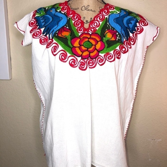 Tops - Authentic Mexican Floral Blouse White with Bright Color Embroidery & Birds Sz L
